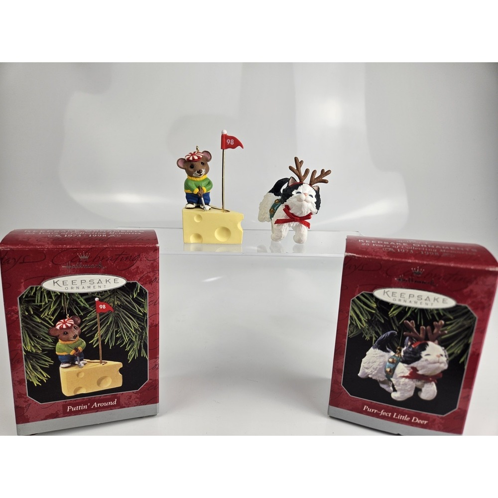 Set Of 2 Hallmark‎ 1998 Keepsake Ornaments In Boxes Animal Kitty Deer Mouse Golf